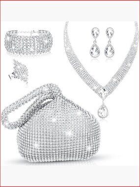Rhinestone Clutch Purse Jewelry Set - Necklace, Bracelet, Earrings, Ring for